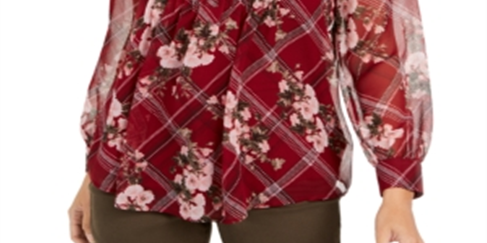 Charter Club Women's Printed Split Neck Top Red Size XX-Large
