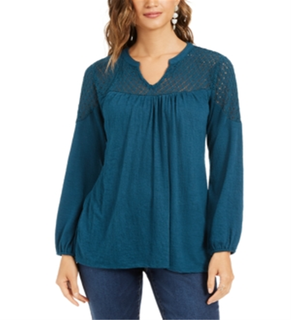 Style & Co Women's Lace Shoulder Top Dark Kale Size Petite S