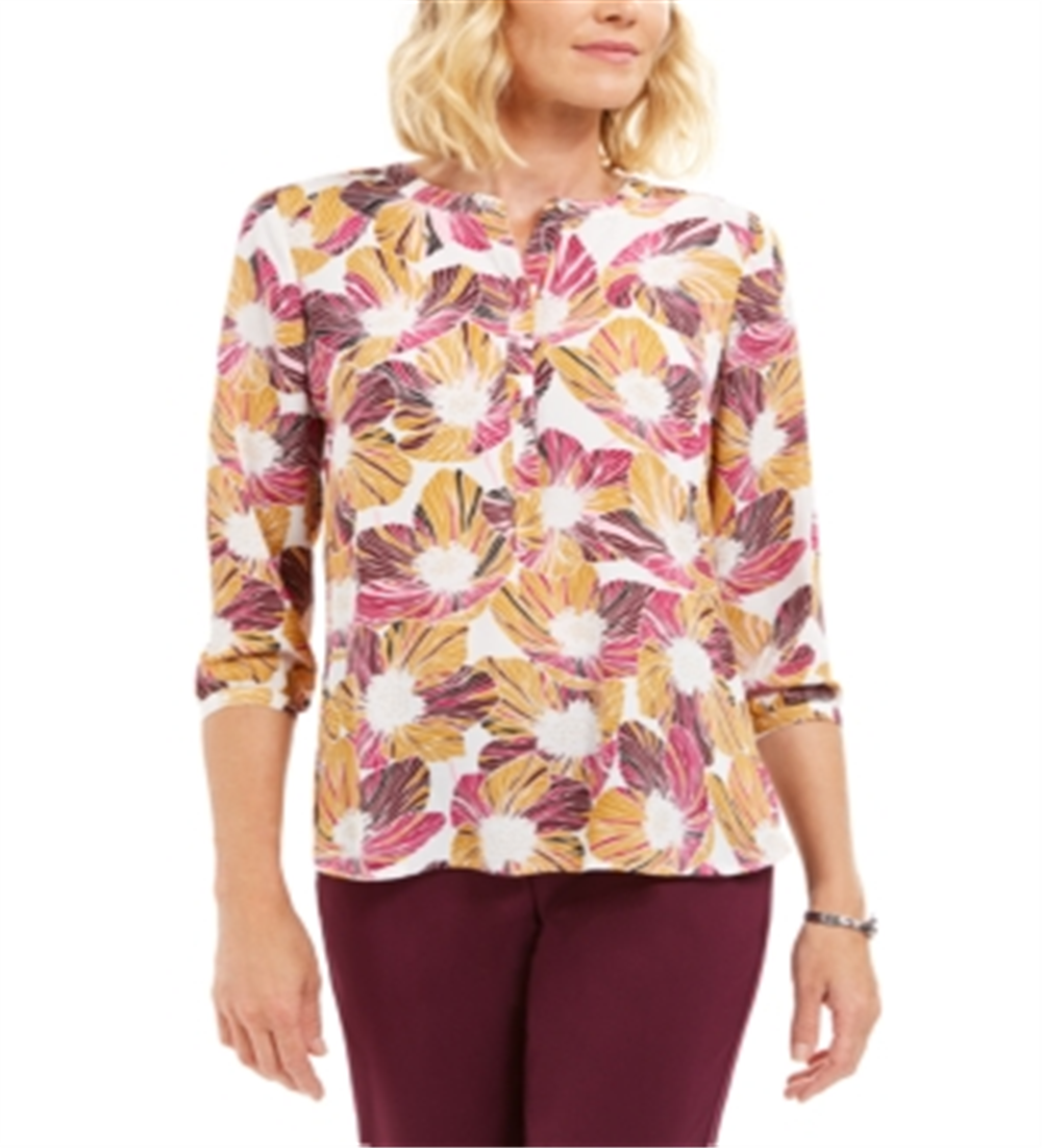 JM Collection Women's Printed Pleated Back Top Purple Size Petite Medium