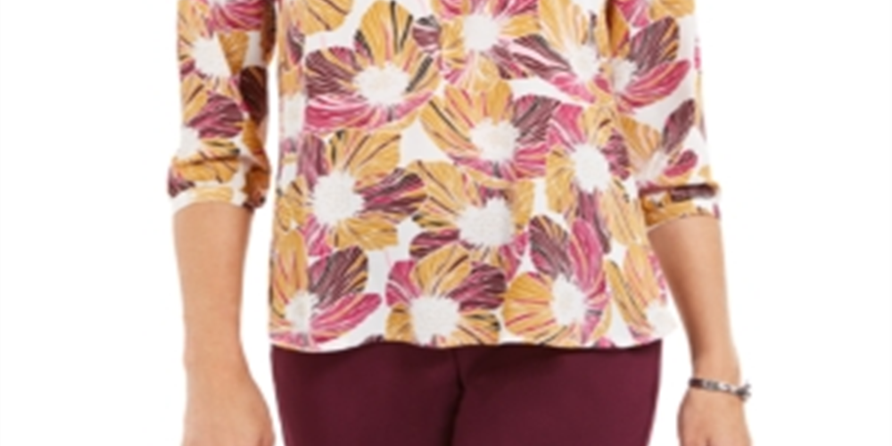 JM Collection Women's Printed Pleated Back Top Purple Size Petite Medium