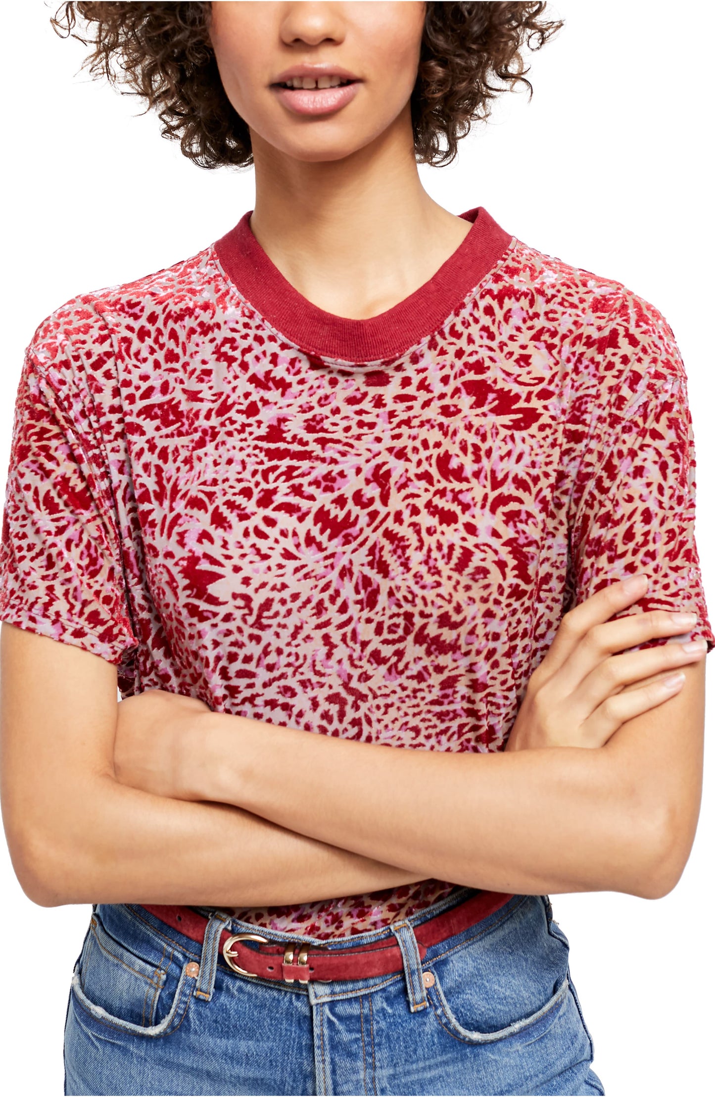 Free People Women's Printed Short Sleeve Crew Neck T-Shirt Top Red Size Small
