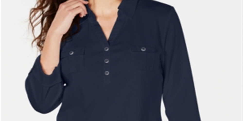 Karen Scott Women's 3-4 Sleeve Polo Shirt Blue Size Petite Small
