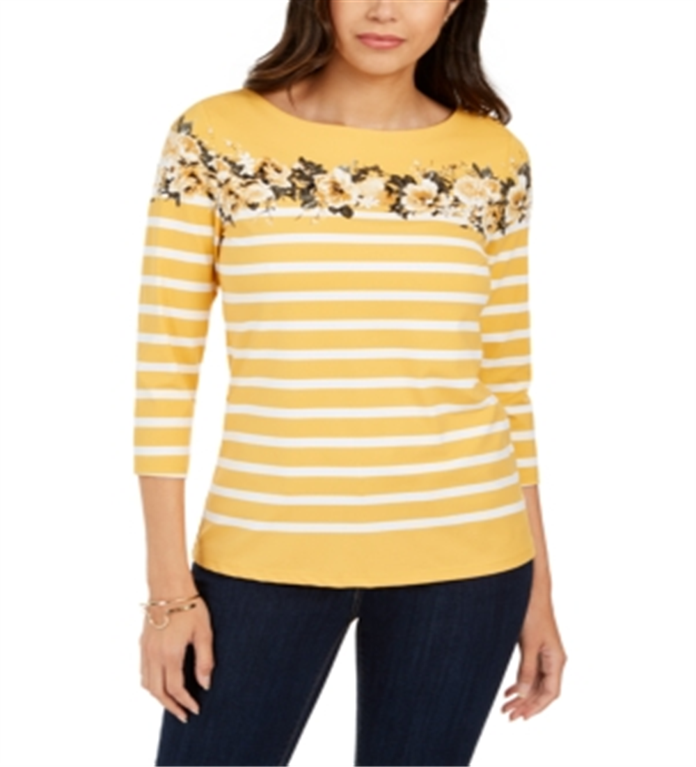 Charter Club Women's Striped and Floral Print Top Yellow Size X-Large