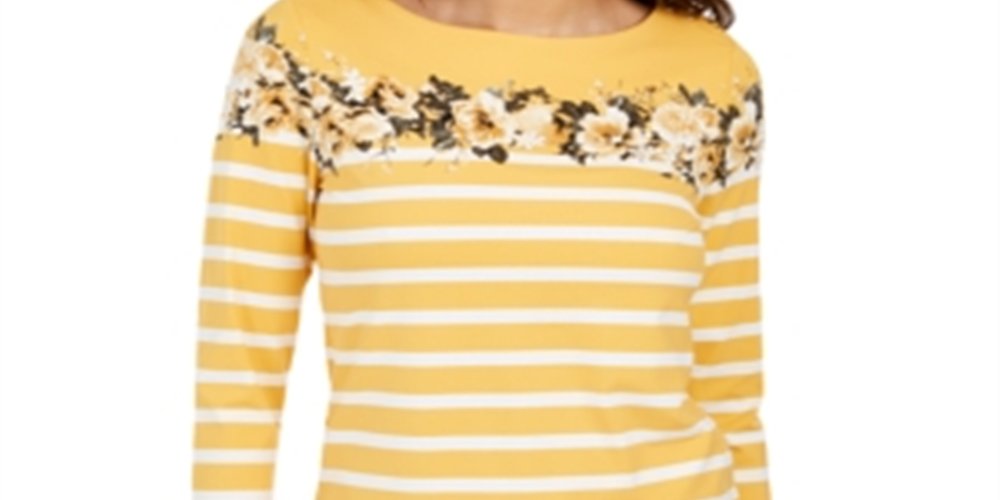 Charter Club Women's Striped and Floral Print Top Yellow Size X-Large