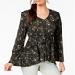 Style & Co Women's Printed Babydoll Top Black Size X-Small