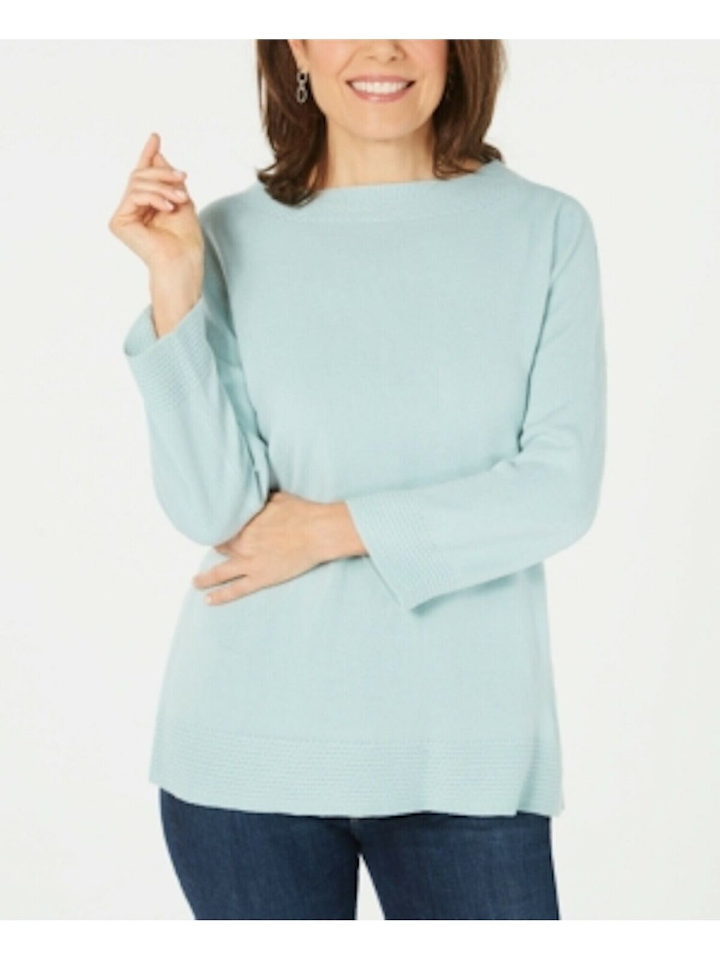 Karen Scott Women's Ribbed Printed Long Sleeve Crew Neck Top Blue Size Petite Small