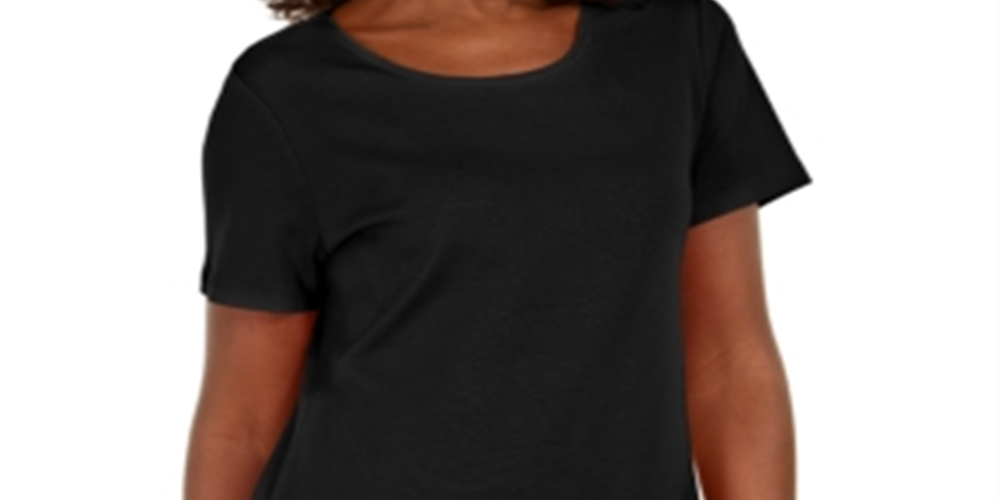 Karen Scott Women's Button Hem Scoop Neck Cotton Top Black Size Small