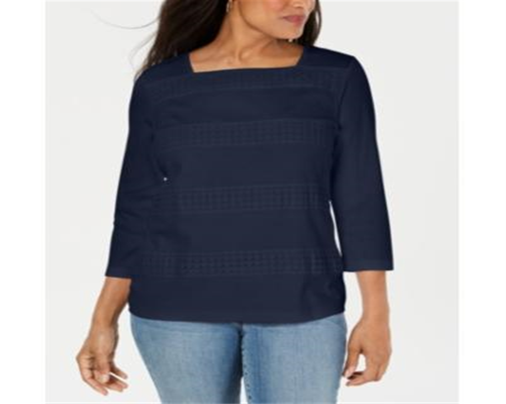 Karen Scott Women's Square Neck Lace Stripe Top Blue Size Medium