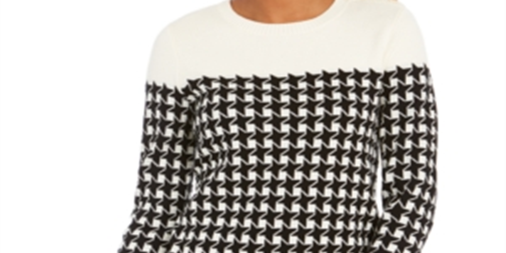 Charter Club Women's Houndstooth Button Shoulder Sweater Black - White Size Petite XL