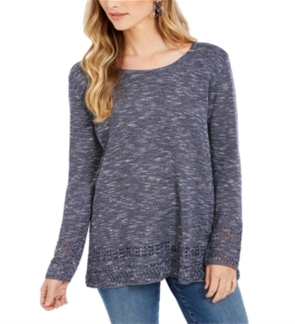 Style & Co Women's Pointelle Trim Marled Tunic Sweater Blue Size X-Large