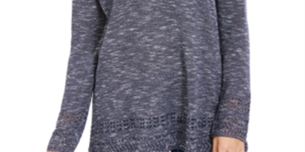 Style & Co Women's Pointelle Trim Marled Tunic Sweater Blue Size X-Large