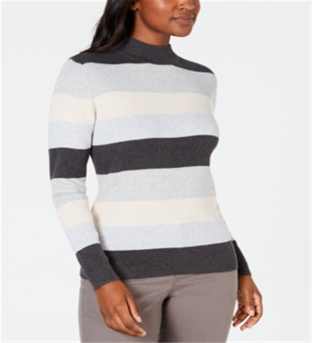 Karen Scott Women's Striped Mock-Neck Cotton Sweater Gray Size -Petite L