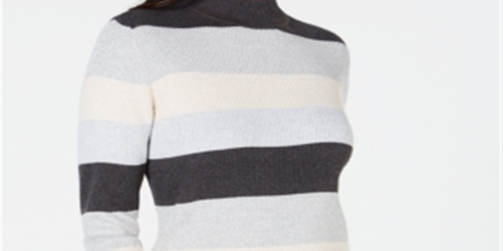 Karen Scott Women's Striped Mock-Neck Cotton Sweater Gray Size -Petite L