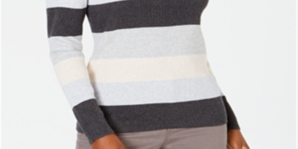 Karen Scott Women's Striped Mock-Neck Cotton Sweater Gray Size -Petite L