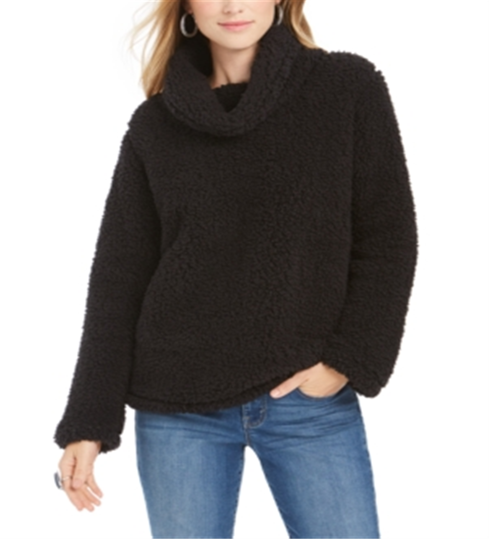 Style & Co Women's Faux Sherpa Cowlneck Sweater Black Size Petite X-Large