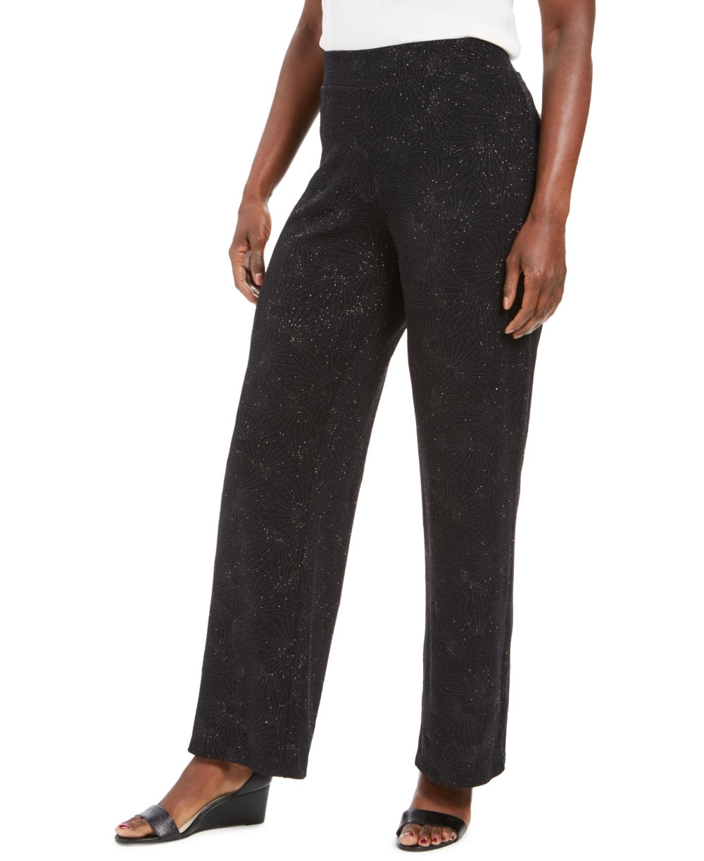 JM Collection Women's Metallic Textured Pull On Pants  Black Size Large