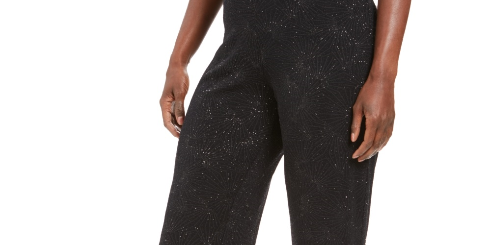 JM Collection Women's Metallic Textured Pull On Pants  Black Size Large