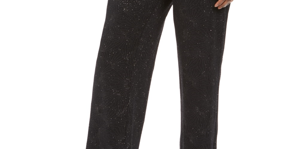 JM Collection Women's Metallic Textured Pull On Pants  Black Size Large
