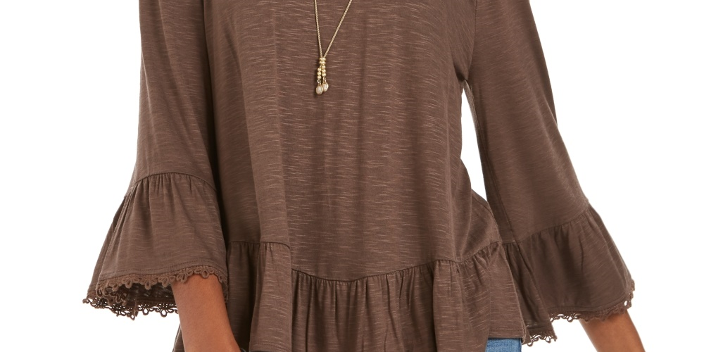 Style & Co Women's Off The Shoulder Bell Sleeve Top Brown Size Small