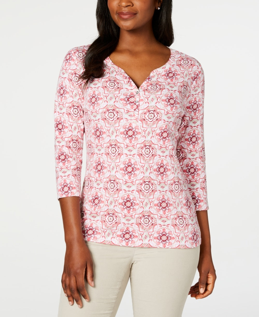 Karen Scott Women's Printed 3/4 Sleeve Henley Top Pink Size Petite Small