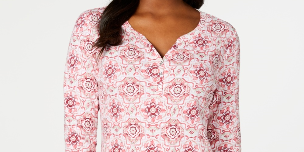 Karen Scott Women's Printed 3/4 Sleeve Henley Top Pink Size Petite Small