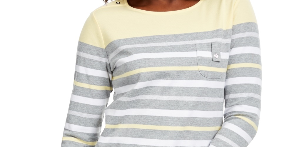 Karen Scott Women's Sport Striped 3/4 Sleeve Top  Yellow Size Small