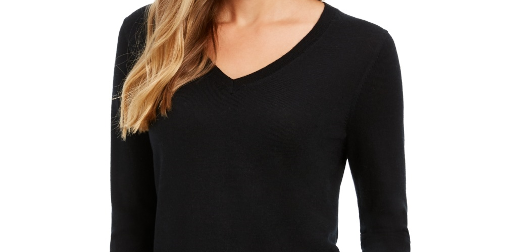 Charter Club Women's Merino Wool Button Cuff V Neck Sweater Black Size Large