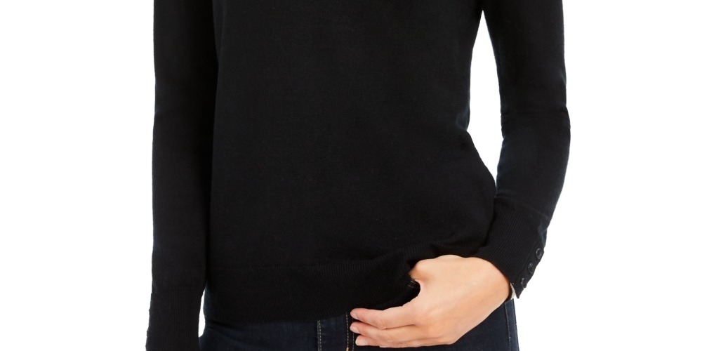 Charter Club Women's Merino Wool Button Cuff V Neck Sweater Black Size Large