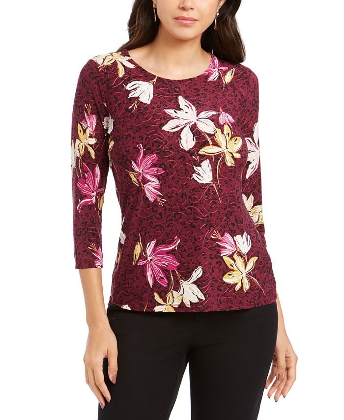 JM Collection Women's Printed Jacquard Top Purple Size XXL