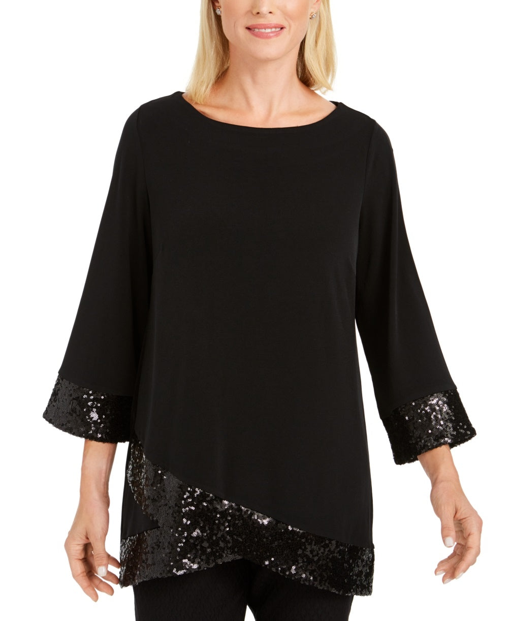 JM Collection Women's Sequined Hem Crossover Hem Top Black Size Small