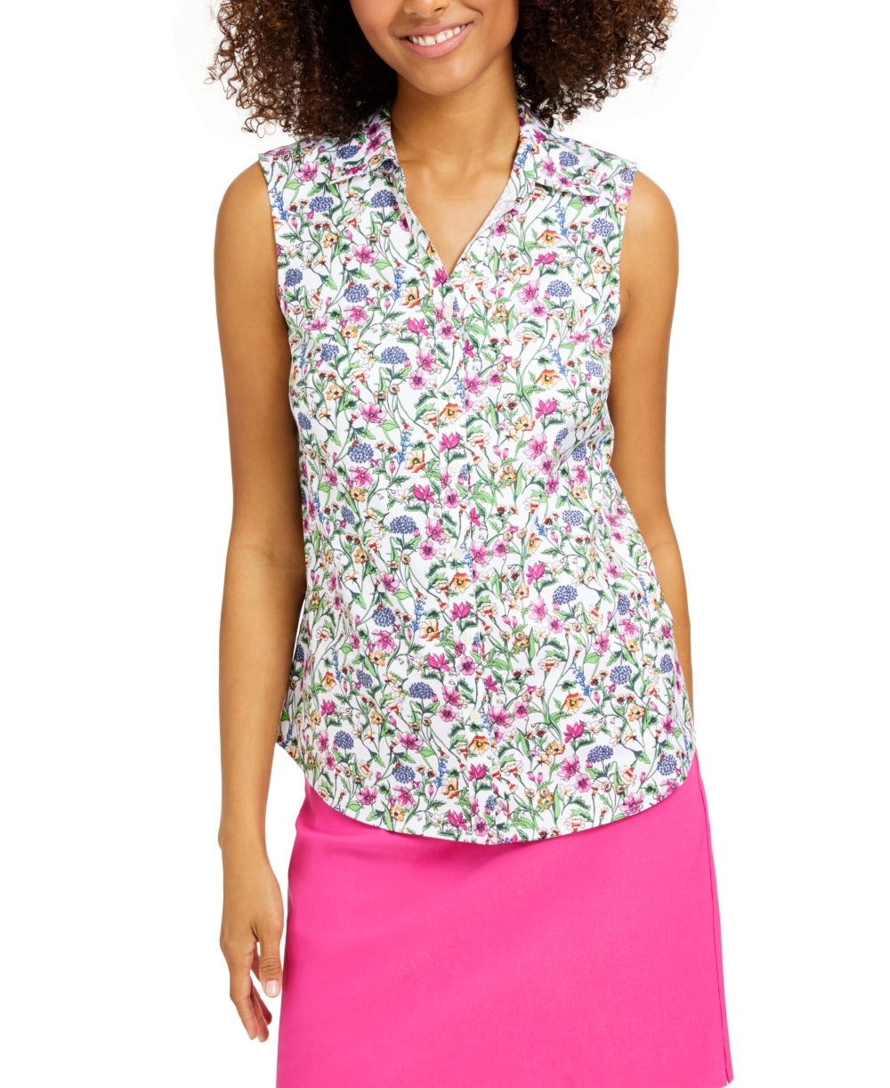 Charter Club Women's Floral Print Sleeveless Shirt White Size 6