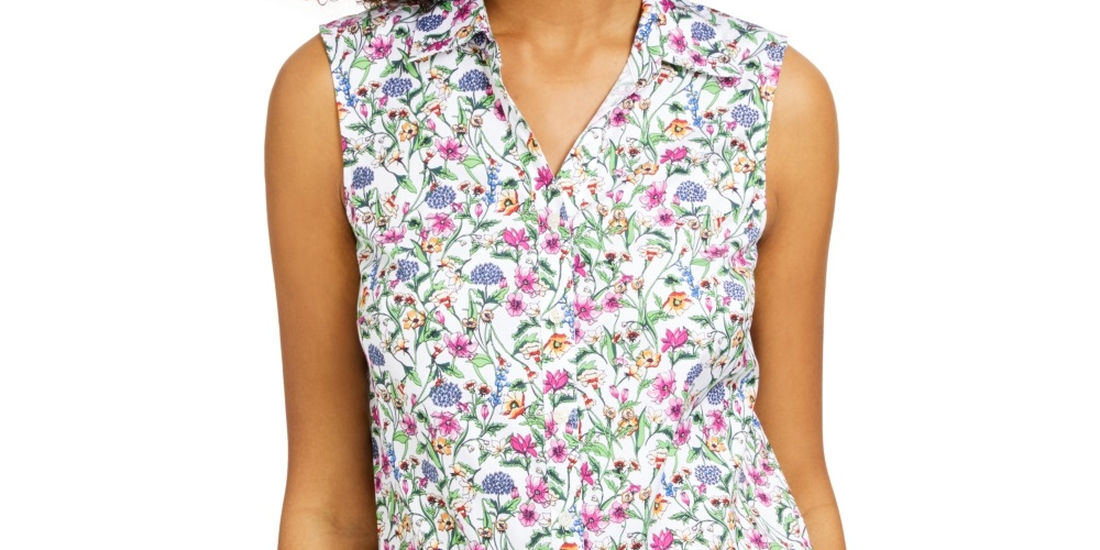 Charter Club Women's Floral Print Sleeveless Shirt White Size 6