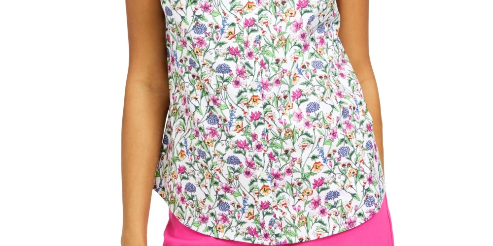 Charter Club Women's Floral Print Sleeveless Shirt White Size 6