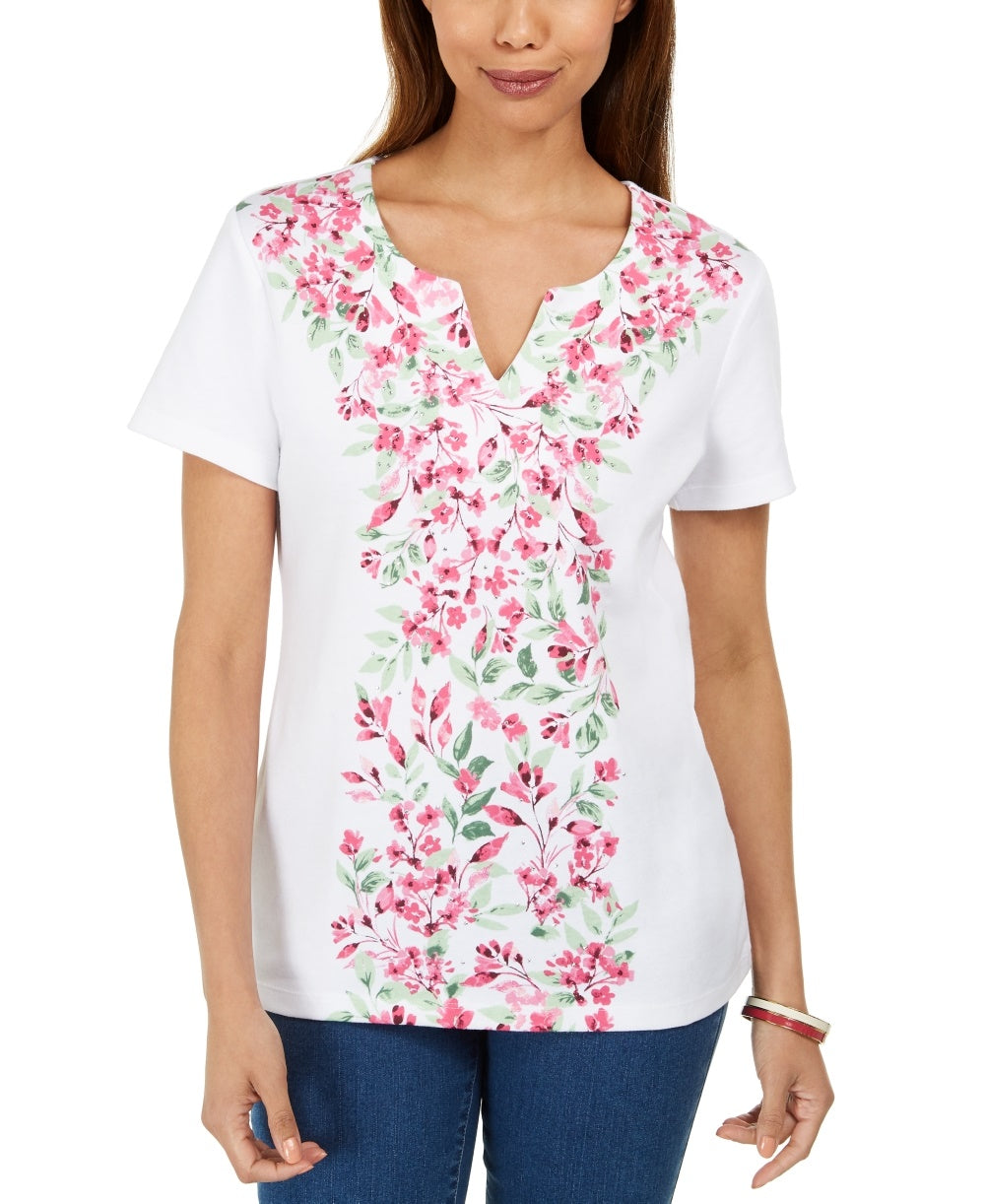 Karen Scott Women's Floral Print Top -White Size PM