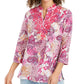 Charter Club Women's Linen Blend Embroidered Neck Printed Tunic Pink Size Medium