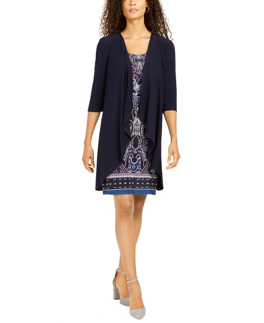 R & M Richards Women's Printed Necklace Dress & Draped Jacket Blue Size 6 Petite