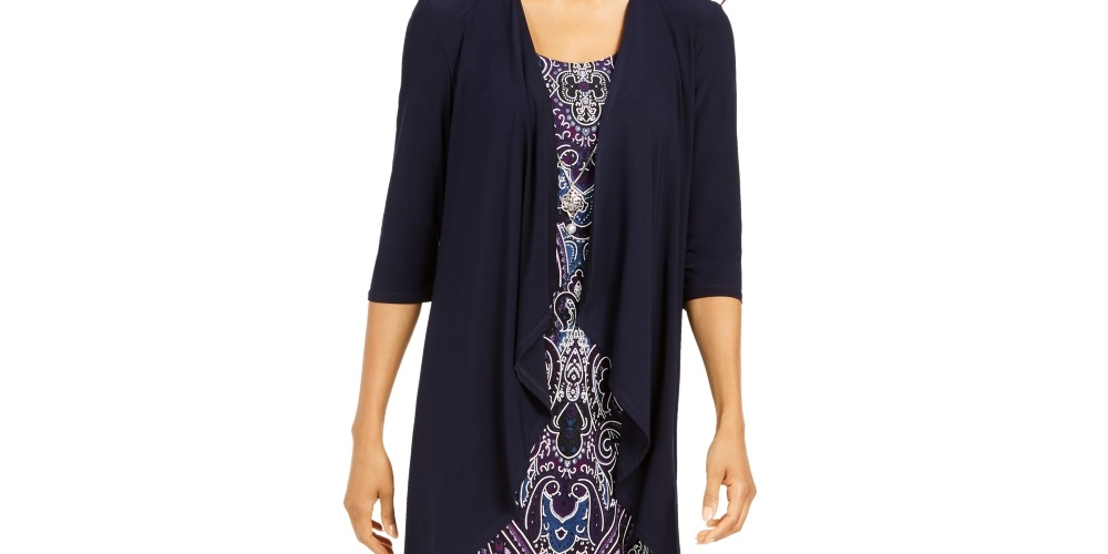 R & M Richards Women's Printed Necklace Dress & Draped Jacket Blue Size 6 Petite