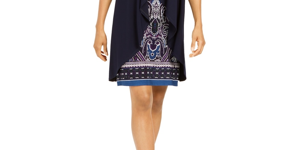 R & M Richards Women's Printed Necklace Dress & Draped Jacket Blue Size 6 Petite
