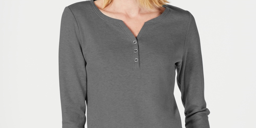 Karen Scott Women's Cotton Henley Top Gray Size Medium