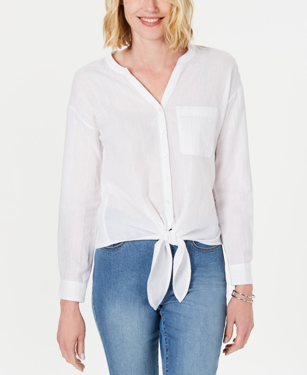 Charter Club Women's Metallic Striped Cotton Tie Front Top White Size Small