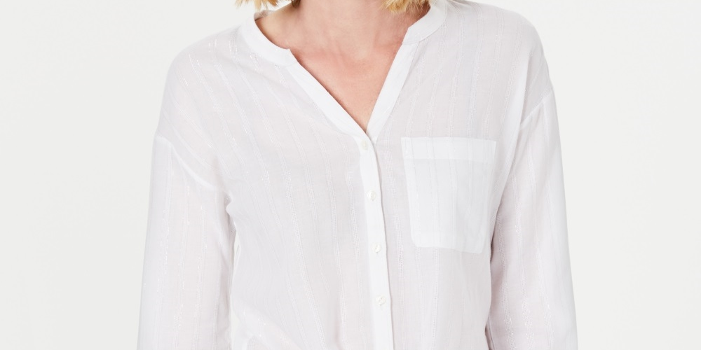 Charter Club Women's Metallic Striped Cotton Tie Front Top White Size Small
