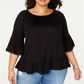 Style & Co Women's Plus Flounce 3/4 Sleeve Top Black Size 0X