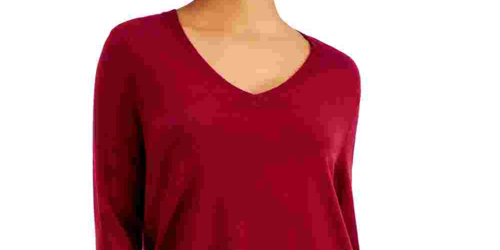 Style & Co Women's V Neck Band Hem Sweater Red Size Large