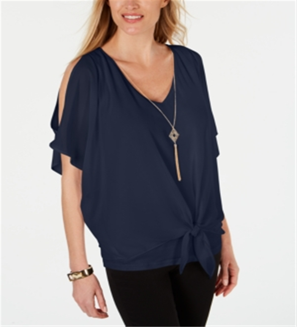 JM Collection Women's Solid Tie Front Necklace Top Blue Size XS