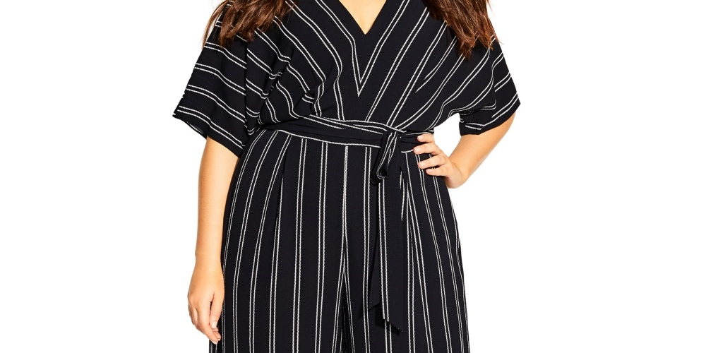 City Chic Women's Trendy Plus Striped Cropped Jumpsuit Black Size 24W