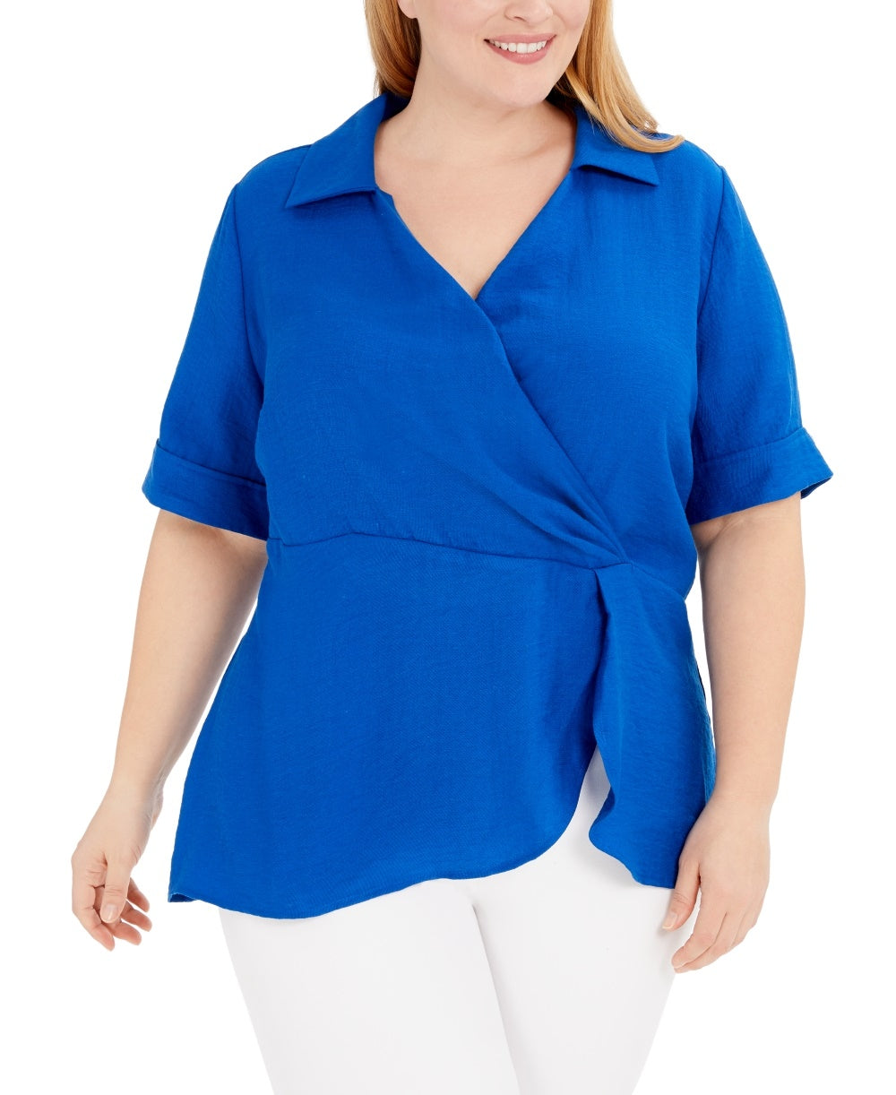 Alfani Women's Blouse Knit Surplice Draped Gathered Blue Size 1X
