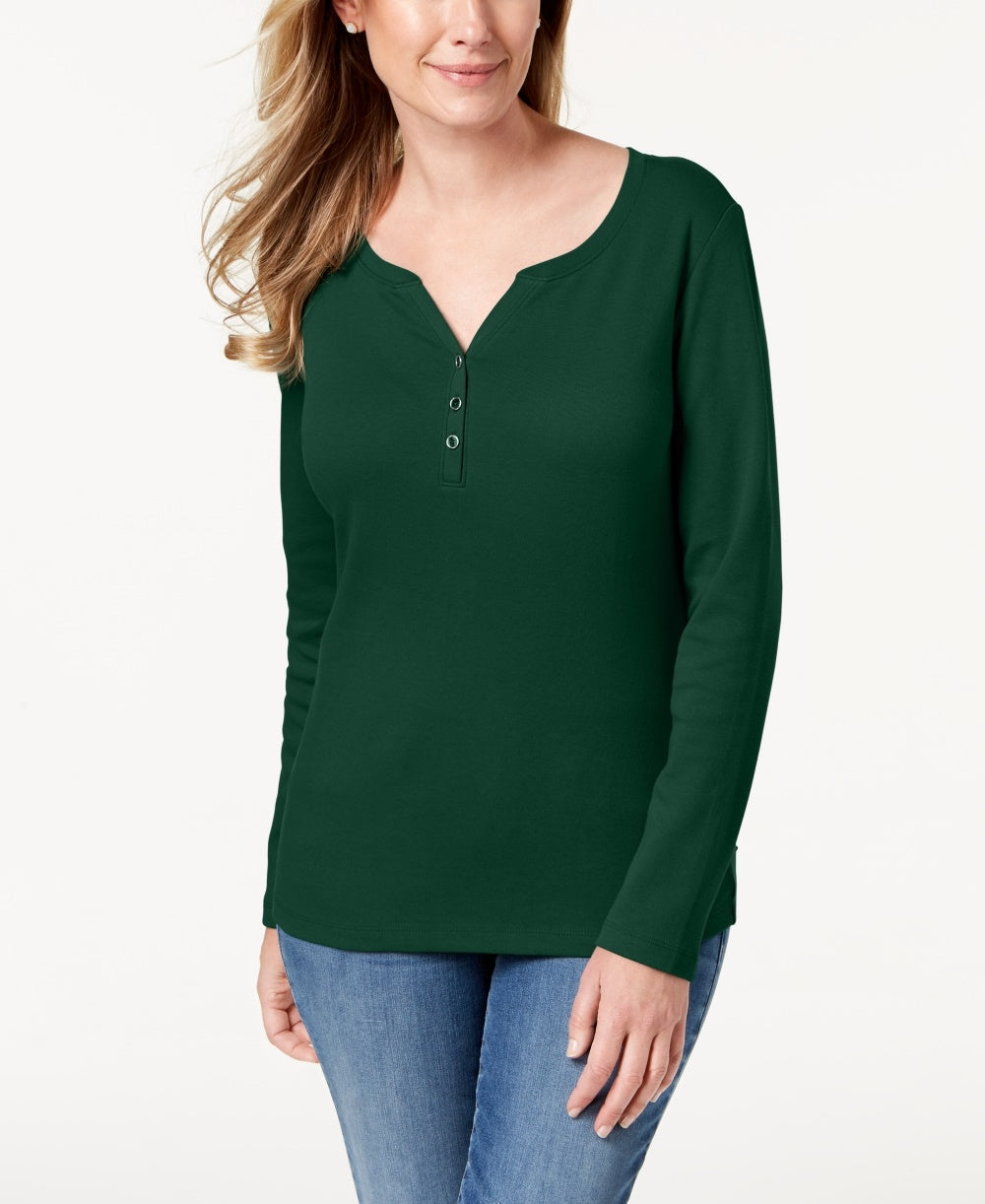 Karen Scott Women's Cotton Henley Top Green Size X-Large