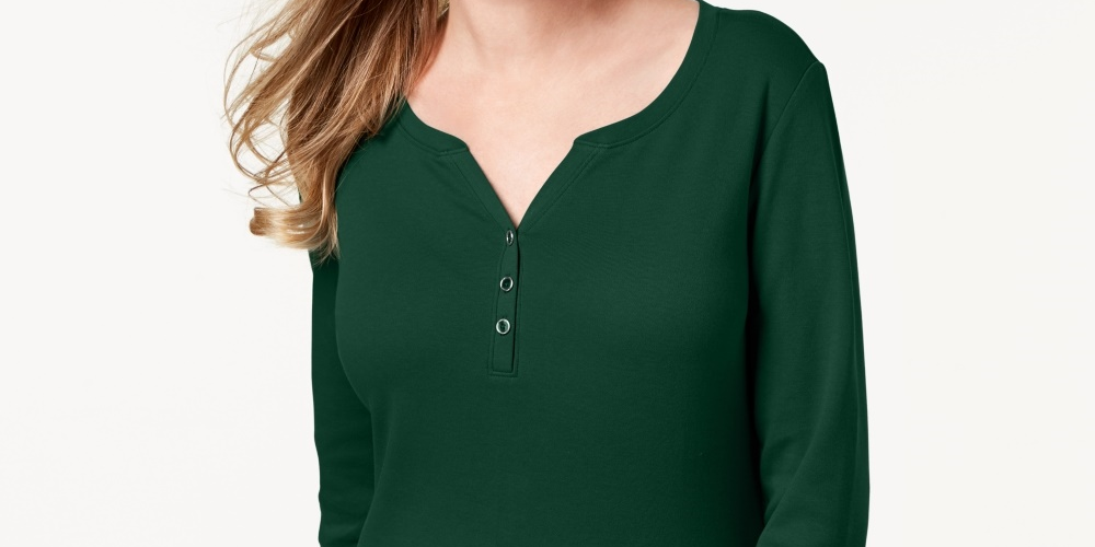 Karen Scott Women's Cotton Henley Top Green Size X-Large