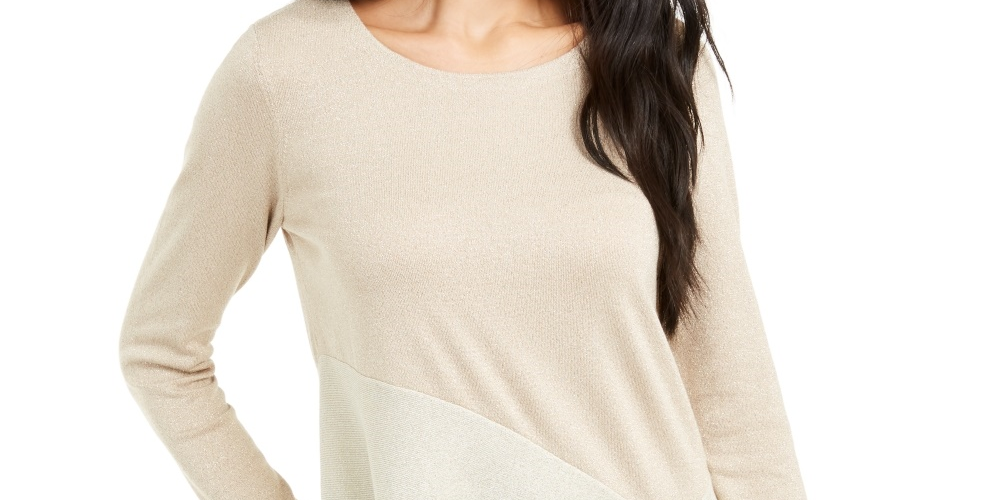 Alfani Women's Petite Colorblocked Asymmetrical Sweater Beige PL