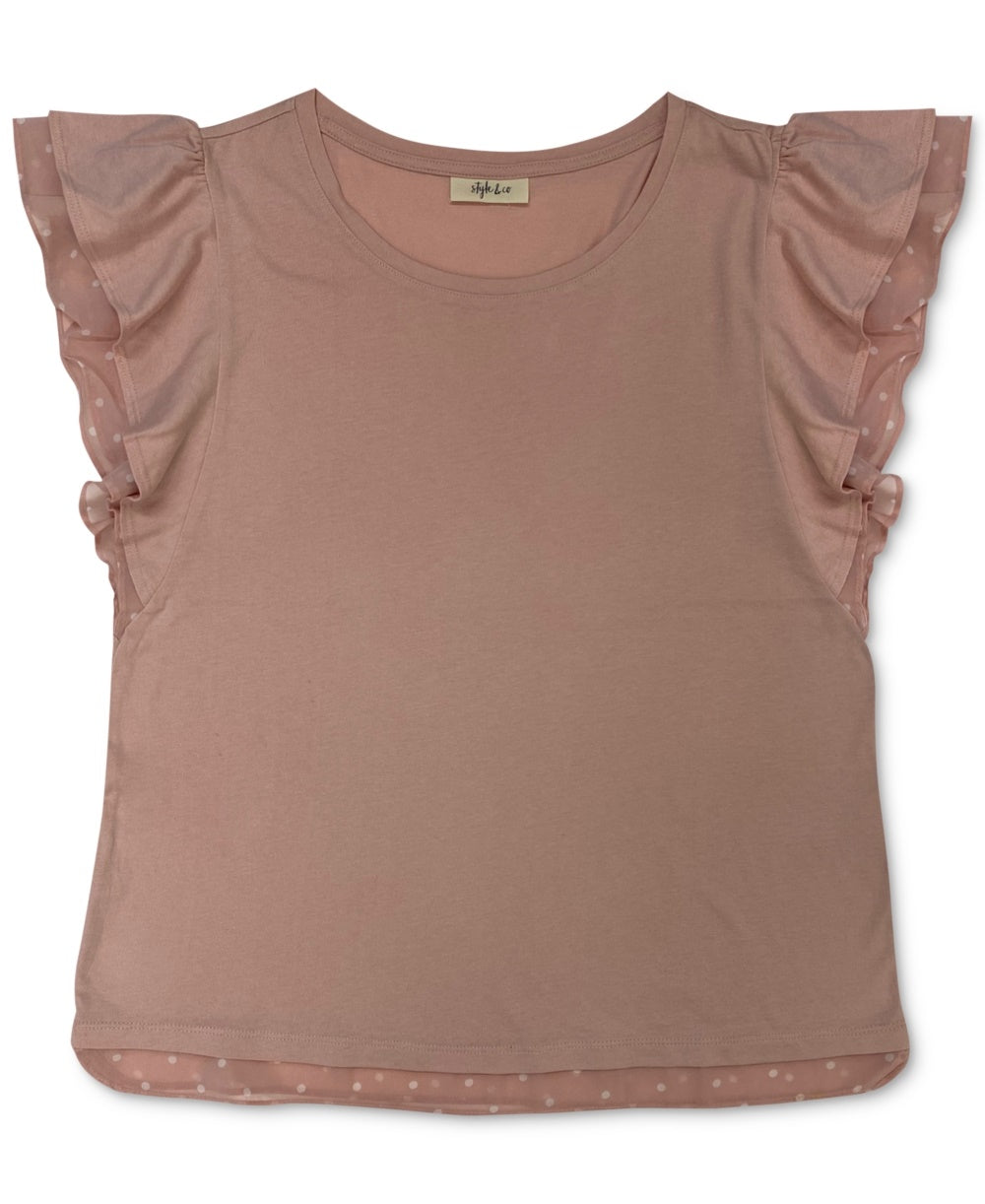 Style & Co Women's Plus Size Dot-Print-Trim Flutter-Sleeve Top Pink Size 2X